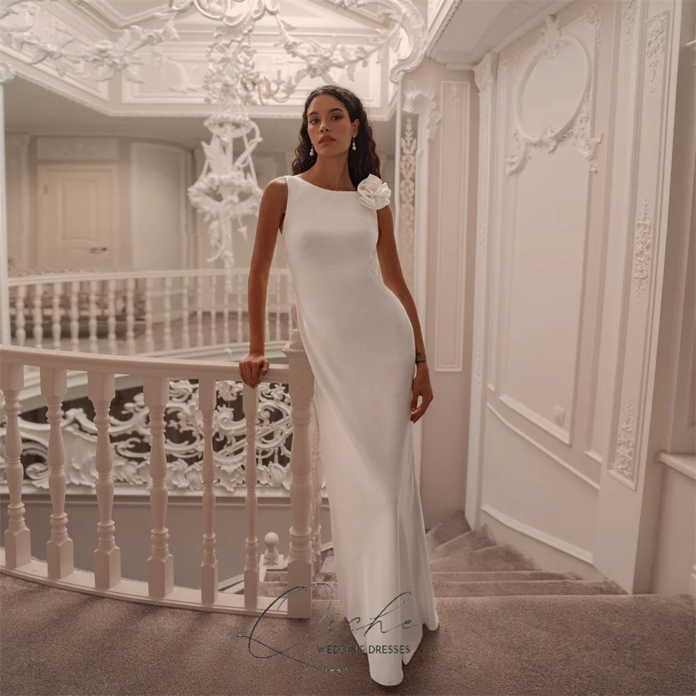

QICHE Simple Flowers Sheath Wedding Dress Women O-Neck Open Back Sleeveless Pleat Bridal Party Gown Vestidos De Novia Customized
