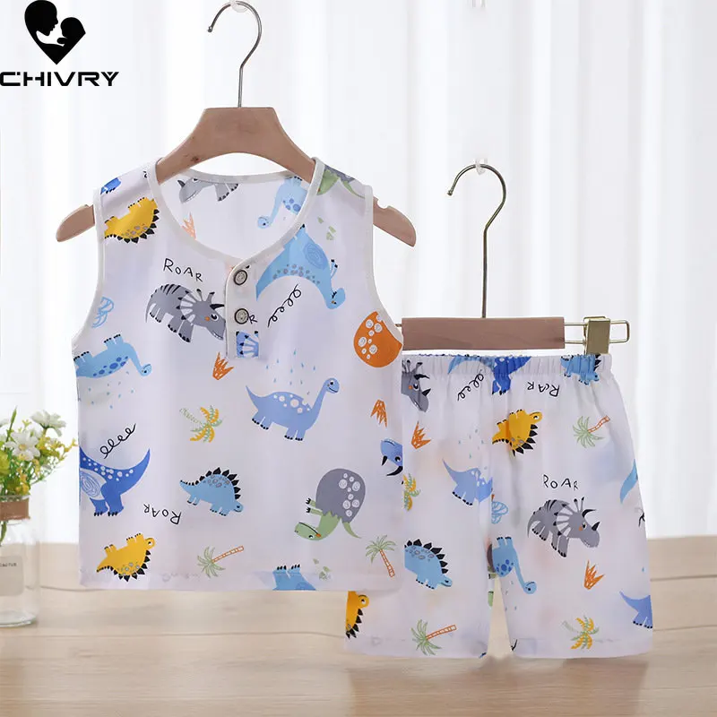 New 2023 Kids Summer Thin Pajamas Sleepwear Boys Girls Cartoon Sleeveless T-Shirt Tops with Shorts Baby Sleeping Clothes Sets