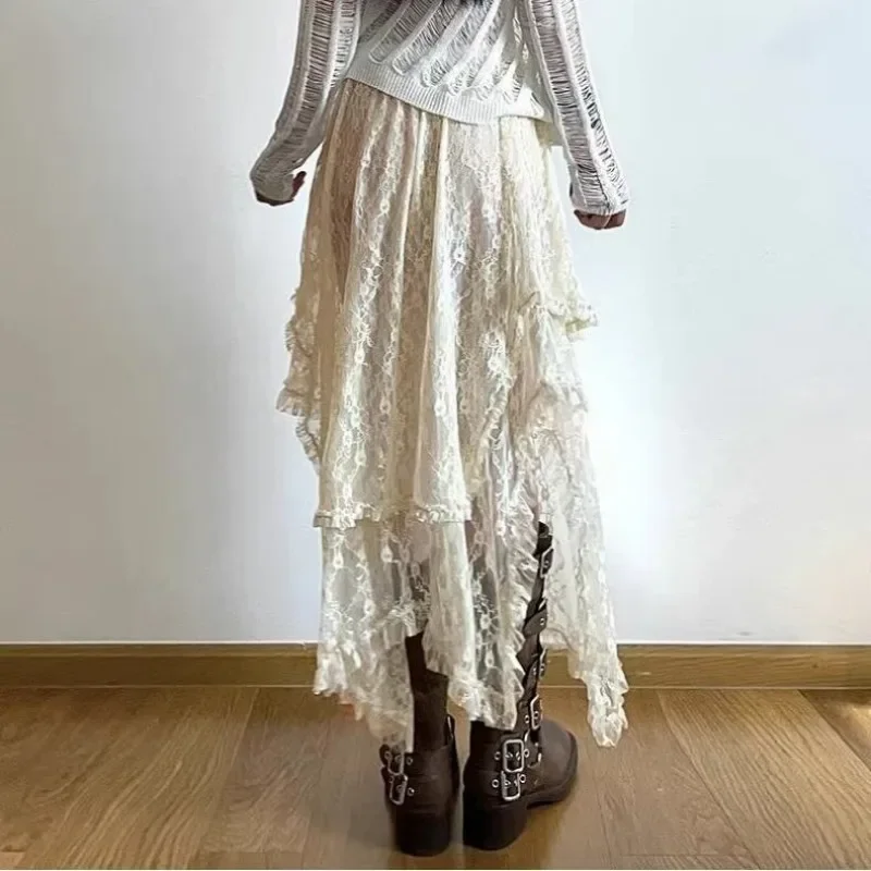Vintage Elegant Lace Skirt for Women Summer High Waist Loose Trendy Asymmetrical Mid Skirt Y2k Clothes Fashion Street Style