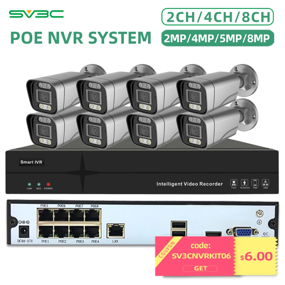 Poe Security Camera System, SV3C 4K Surveillance NVR System With 4/8 Pcs 5MP IP Camera, Outdoor Home CCTV, Video Recorder Kit