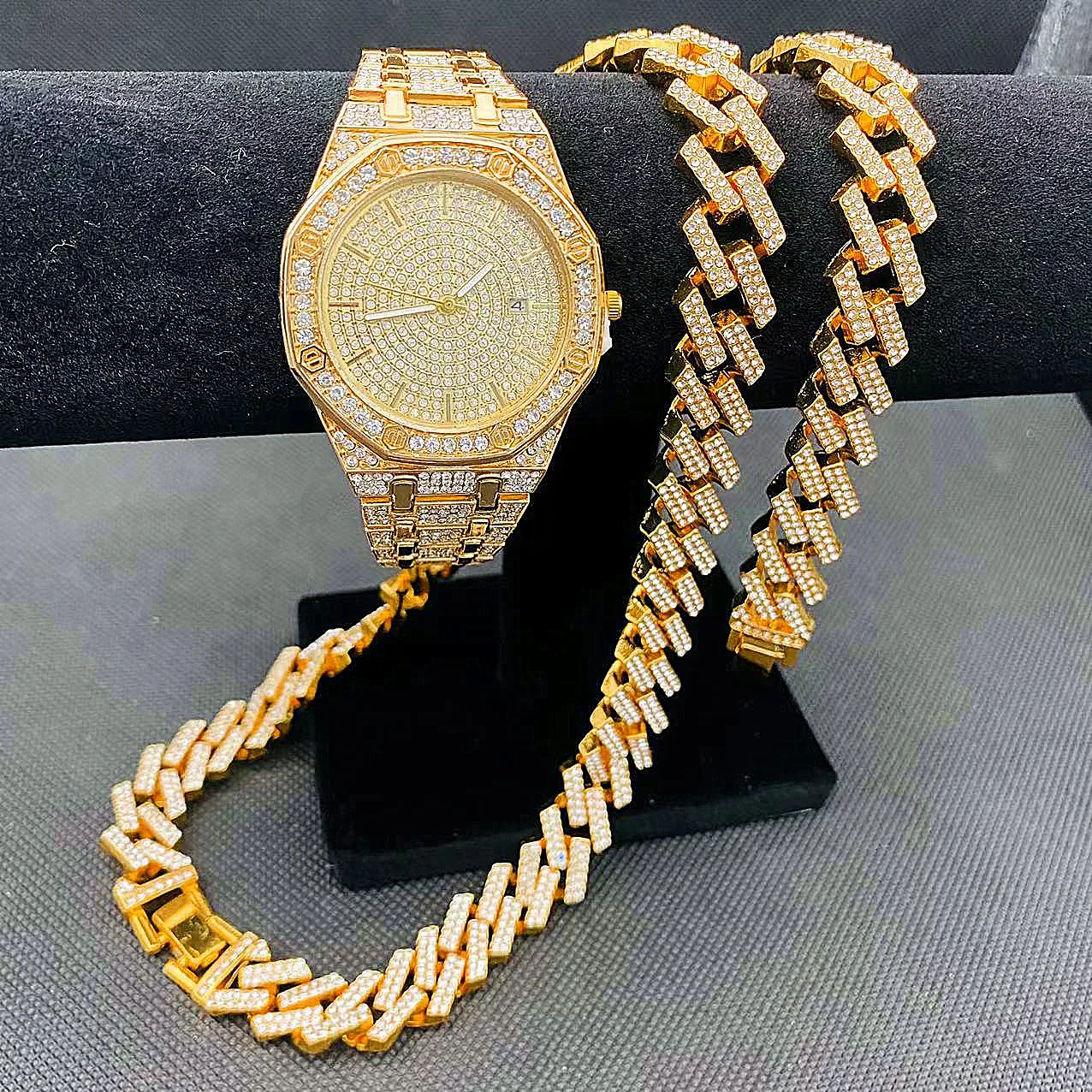 Luxury Mens Hip Hop Jewelry Iced Out Watch Necklace Bracelet Miama Cuban Chain Diamond Watch for Men Gold Watch Set dropshipping