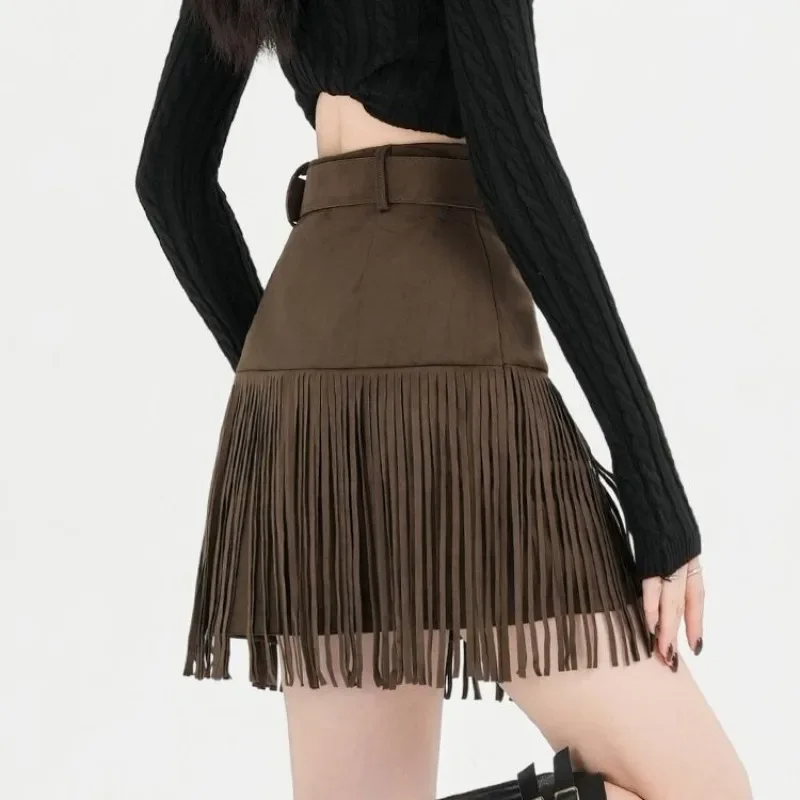 

2026 Suede Vintage Tassel A-line Skirt Autumn and Winter High-waisted Slimming Hot Girl Maillard Skirt Women Fashion Personality