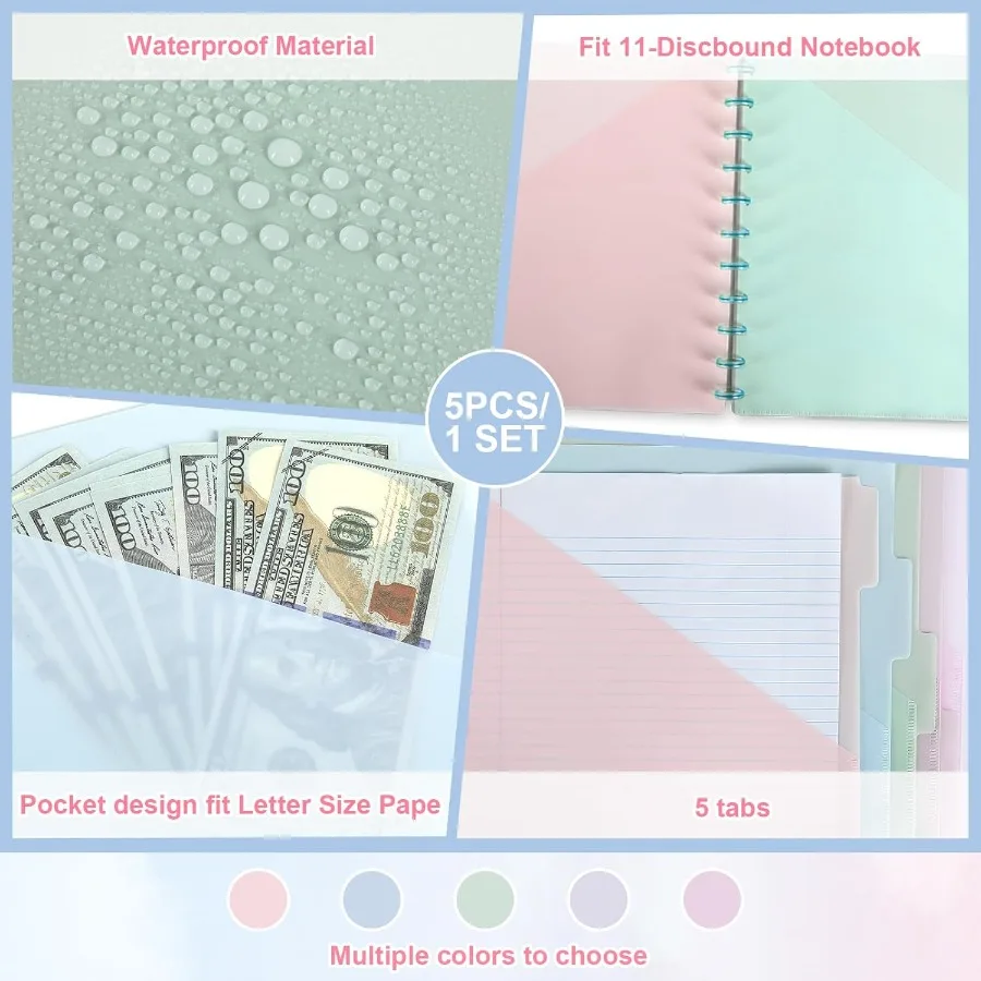 4 zestawy 5-komorowych przekładek kieszonkowych Disound 8,5 x 11 cali z kieszeniami, segregatory kieszonkowe Disound, przekładki do segregatora Disound, plastikowe przekładki
