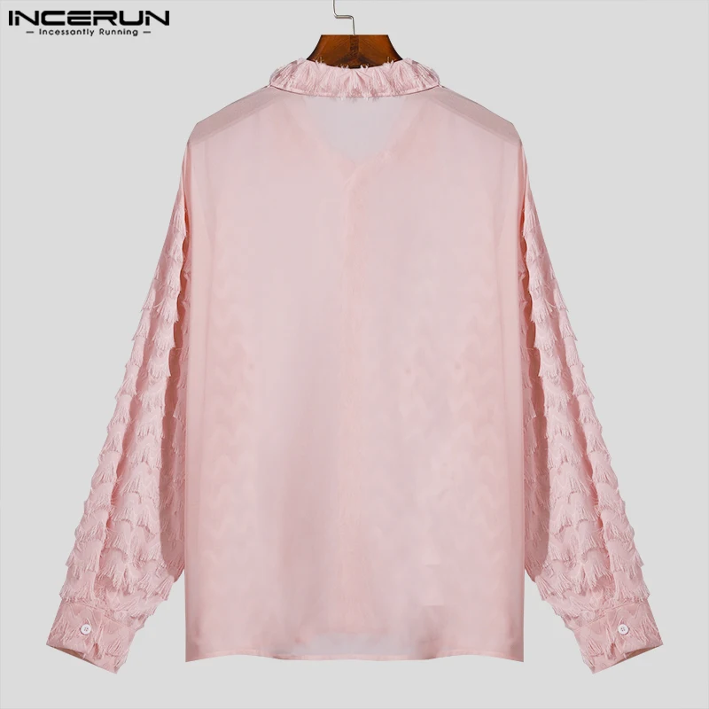 INCERUN Tops 2024 Korean Style New Mens Loose Tassel Perspective Design Shirts Casual Fashionable Male Long Sleeved Blouse S-5XL