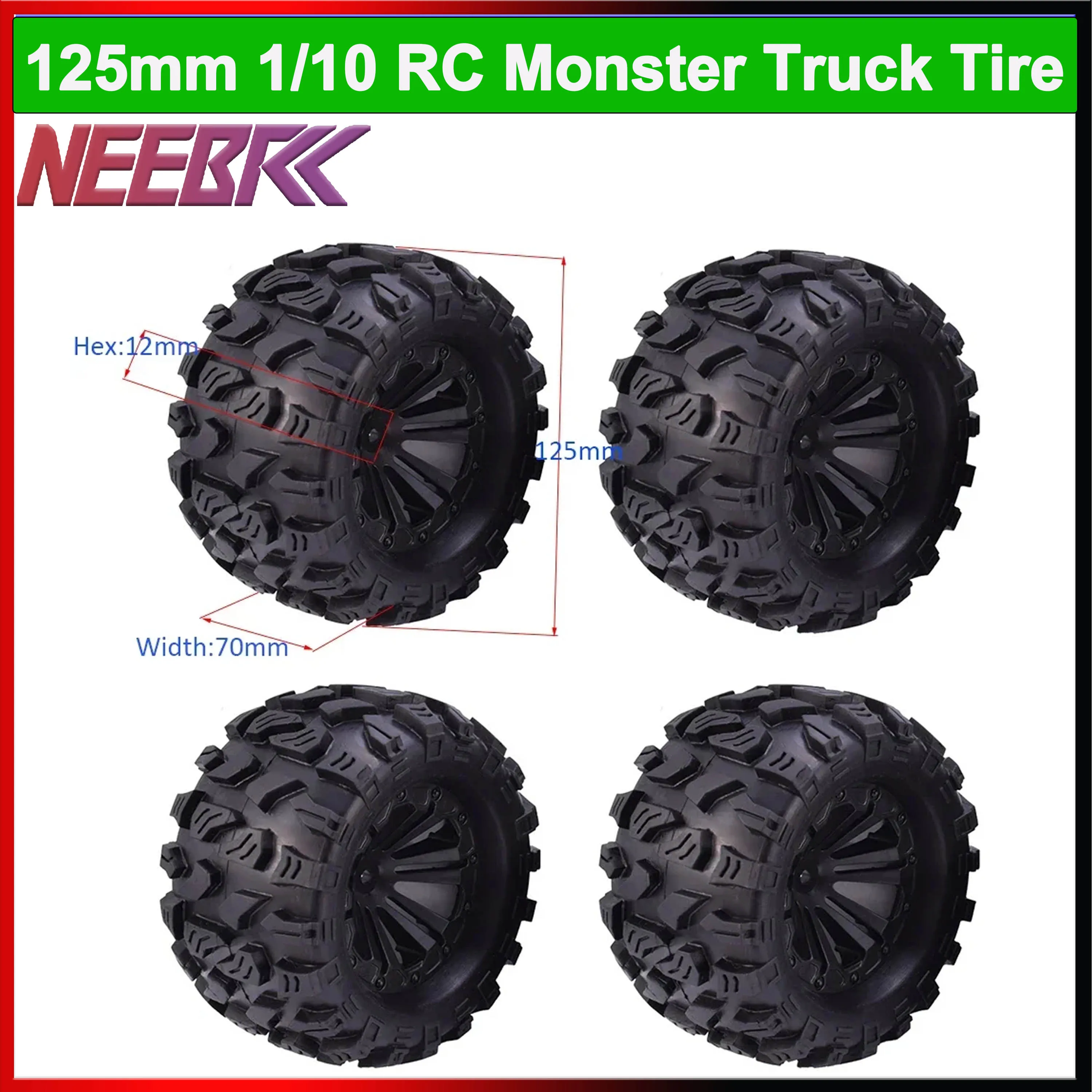 

ZDRacing 125mm 12mm Hex 1/10 RC Monster Truck Car Rubber Tire Wheel Tyre for Traxxas Axial SCX10 Wltoys Tamiya Kyosho HPI Savage