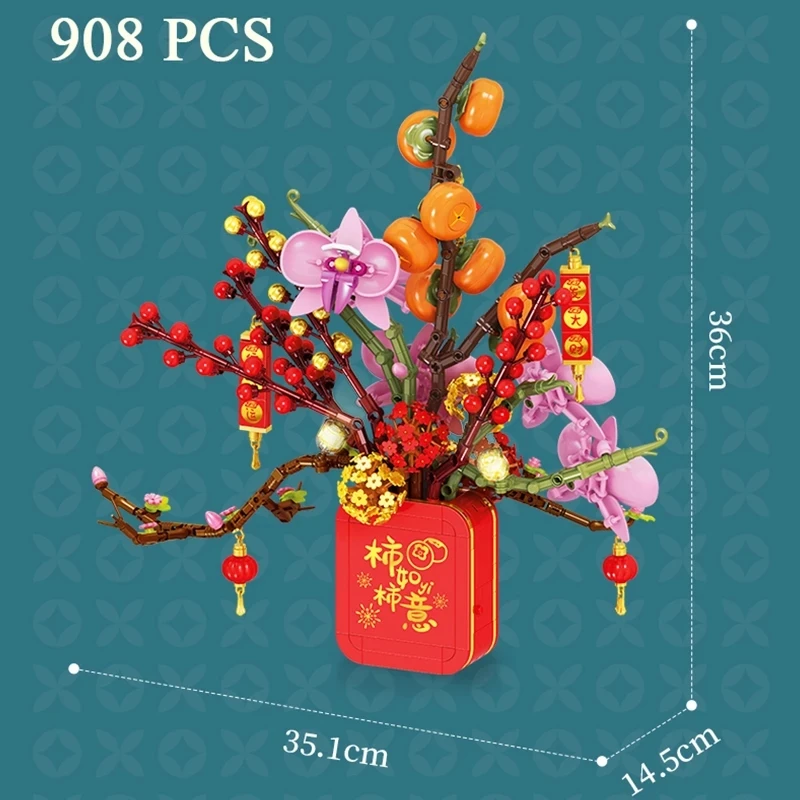 

908PCS Chinese New Year Gift Bouquet Potted Building Blocks City Home Decor Hydrangea Persimmon Music Box Bricks Children Toys