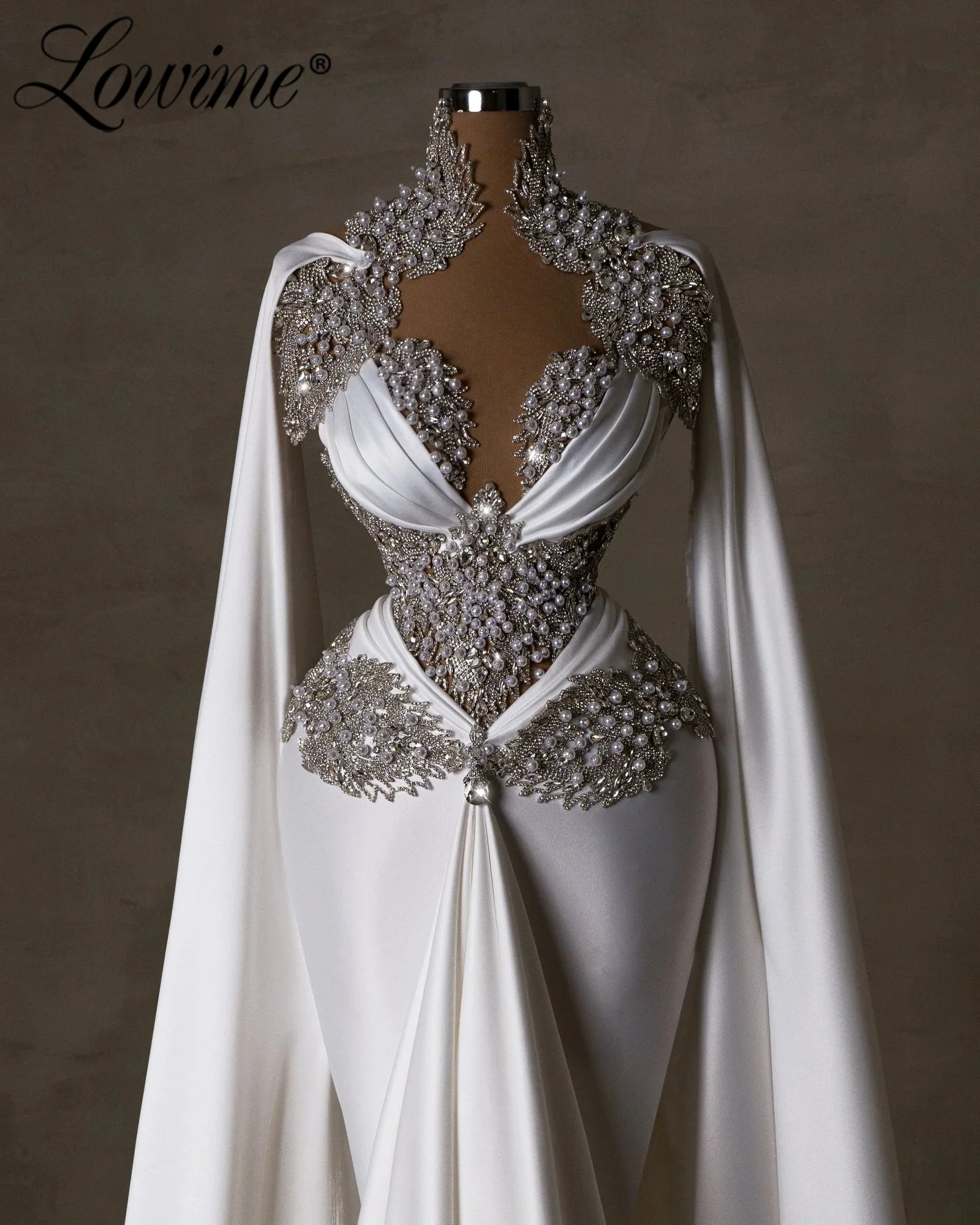 Abendkleid Luxury 2024 Dubai Evening Dress White Cape Sleeve Mermaid Prom Dresses Full Pearl Crystals Party Gown Customized Robe