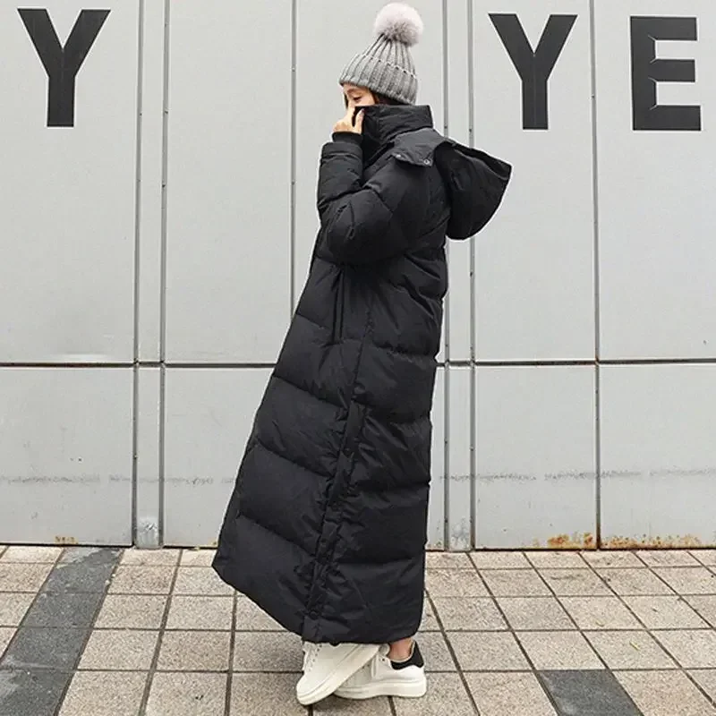 Jacket Winter Black Extra Long Over Knee Jacket Women\'s Hooded Solid Color Pocket Thickened Warm Jacket Coat Women