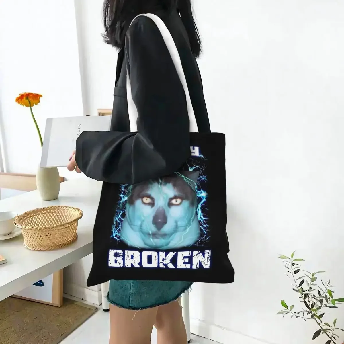 Monday Left Me Broken Cat Canvas Tote Handbag Grocery Bags Large Capacity Shopping Bags for Unisex