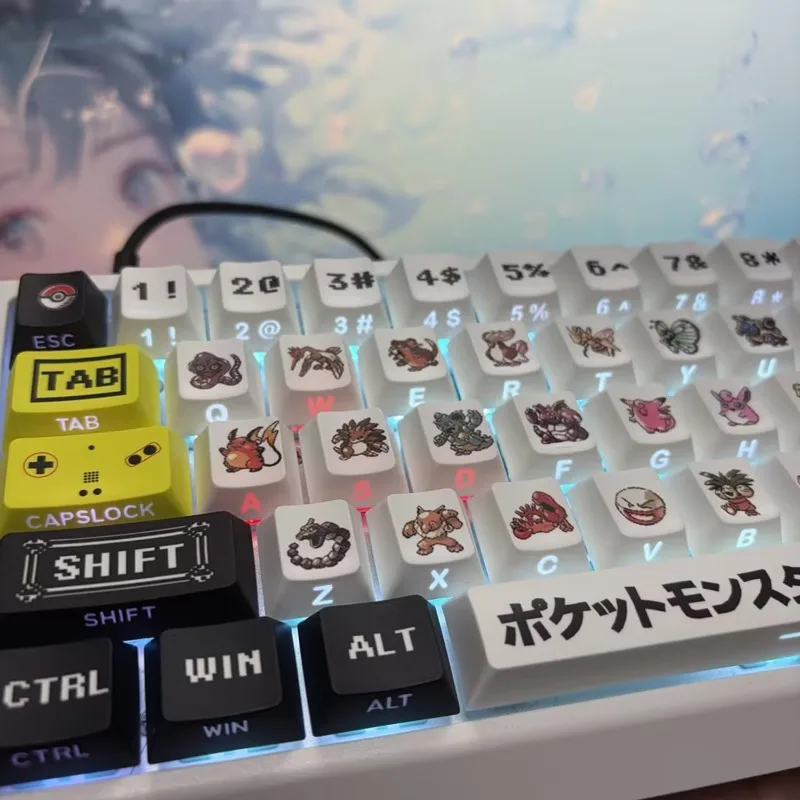 ポケモン-ピクセル風-メカニカルキーボード-キーキャップ-pbt-五面熱転写-オリジナル工場製-サイド刻印-透明