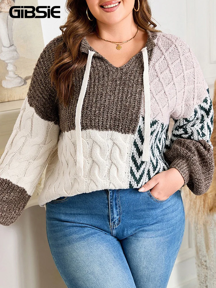 

GIBSIE плюс размер, пуловер с цветными блоками и завязками на шее, женский свитер, осень-зима 2022, толстые теплые вязаные пуловеры с рукавами-фонариками
