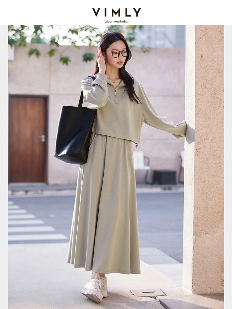 VIMLY 2 Piece Sweatshirt Skirt Sets Woman Outfits 2026 Fall Casual Zip Up Turn-down Neck Ladies Tops Midi A-line Skirts A0168
