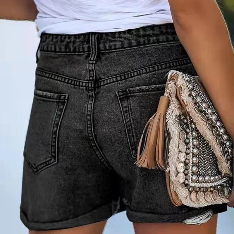 Factory direct sales women\'s summer shorts loose straight cylinder wide leg roll edge worn blue black cotton for women