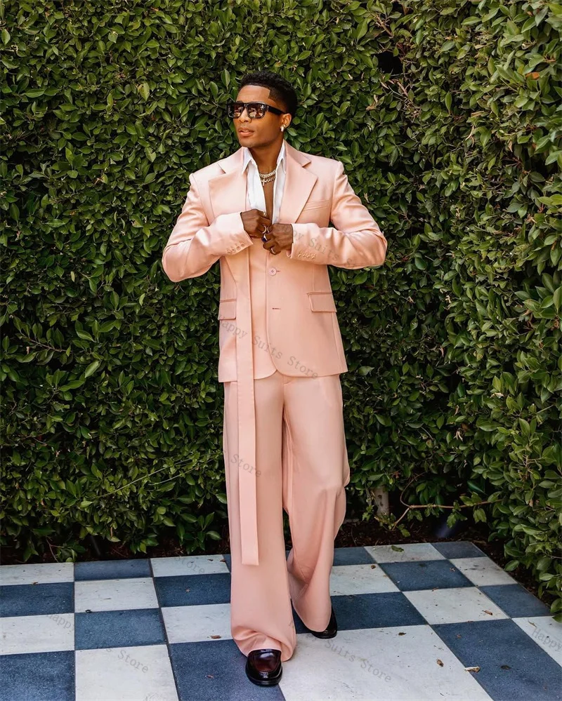 

Pink Men Suit Set 2 Piece Blazer+Pants Long Lapel Wedding Tuxedo Formal Office Business Customized Autumn Prom Jacket