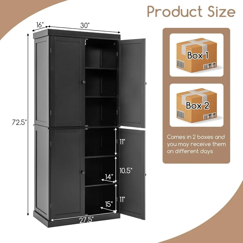 Garde-manger de cuisine autoportant, armoire de rangement moderne, planche Chi au sol, étagères à 6 niveaux, 2 étagères réglables, 4 portes