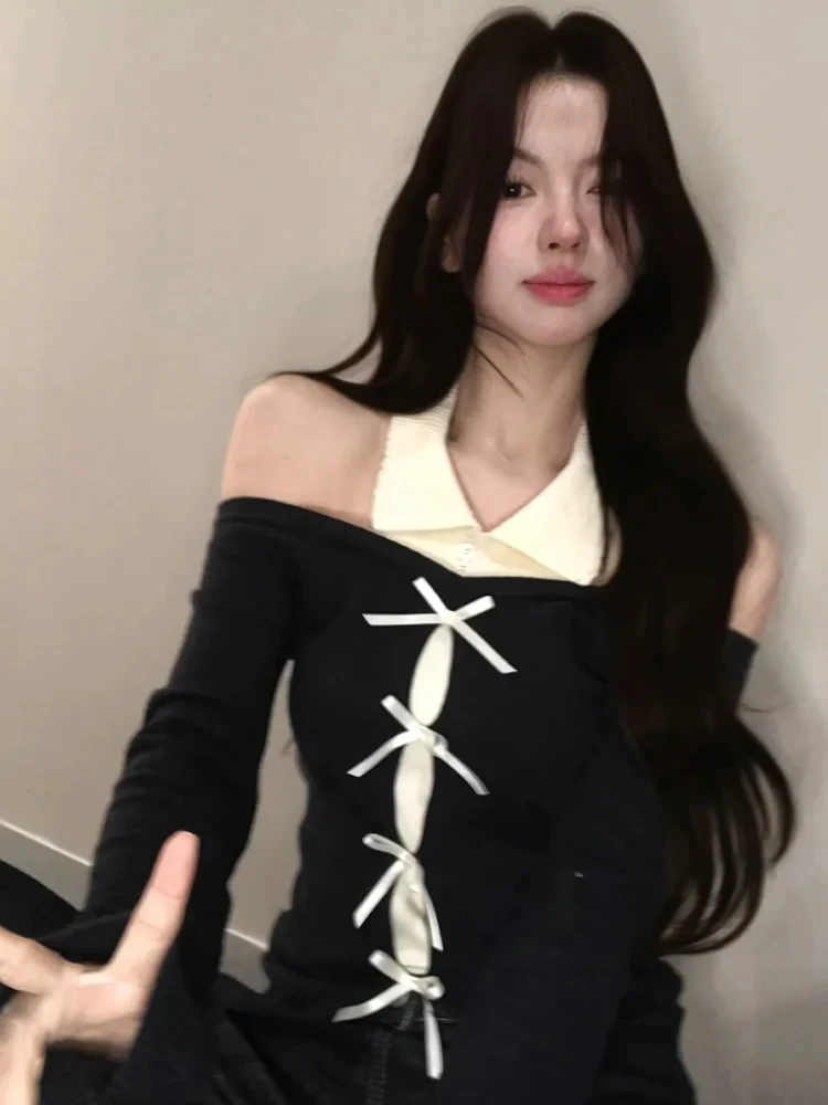 تي شيرت نسائي أسود غير منتظم كوري Camisetas مزيف اثنين مثير تي شيرت المحاصيل القمم شيك قبالة الكتف متماسكة Y2k بلايز 2025 Ropa Mujer