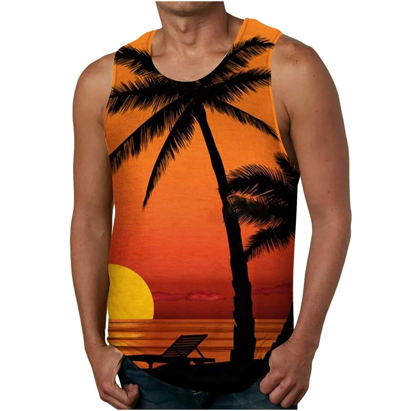 Palm Tree Graphic Tank Top For Men 3D Print Sleeveless Beach Hemp Tops Mens Oversized Hawaii Vest Tops T-shirt Clothes