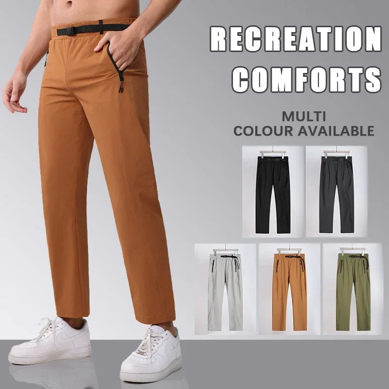 Men Silk Straight Breath Sweatpants Training Joggings Trousers Fitness Casual Sweatpants Running Pants With Zipper Pockets