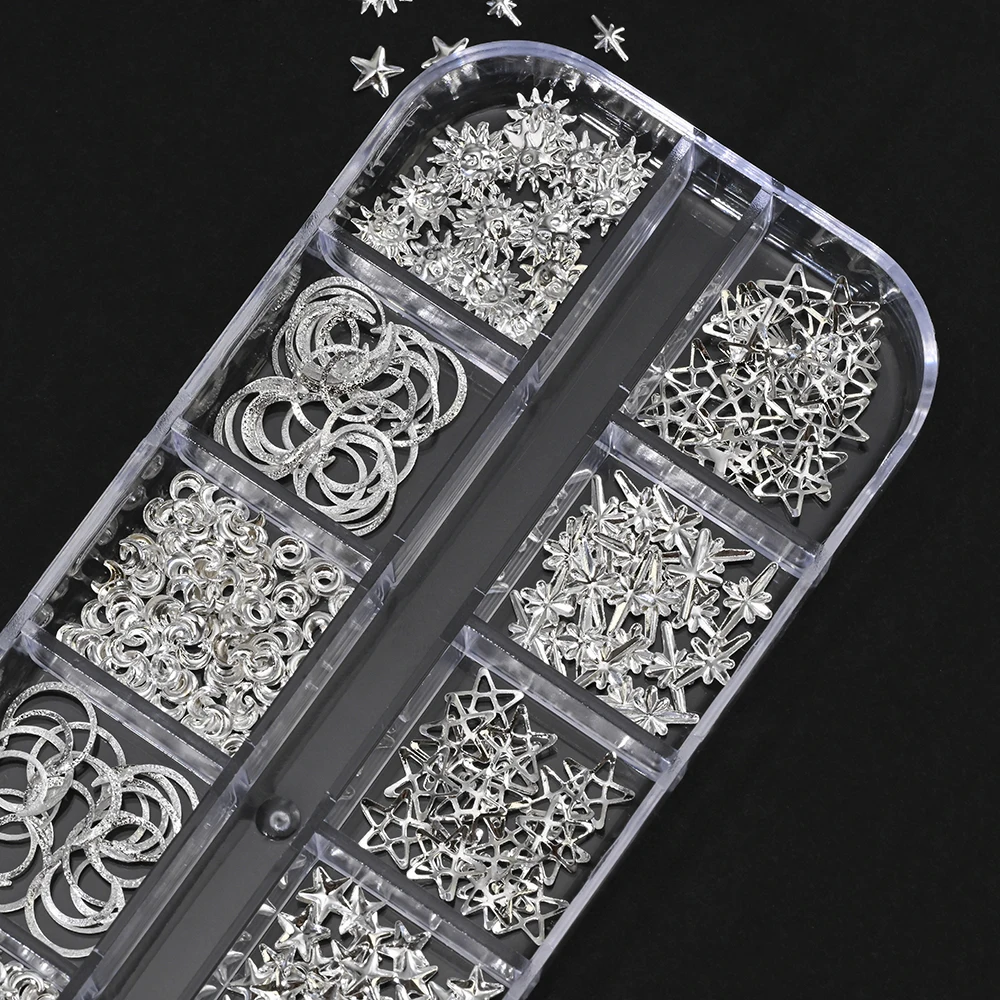 12Grids Mixed Styles Silver Gold 3D Star Moon Metal Rivet Y2K Sun Starlight Nails Charm Alloy Jewelry Studs Nail Decoration