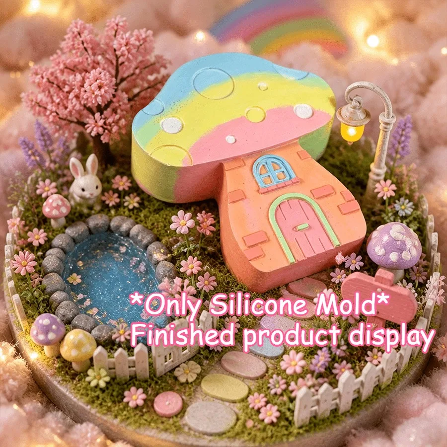 Mini Fairy Mushroom House Silicone Mold DIY Resin Aroma Candle Tray Gypsum Storage Plate Handicraft Decor Mould Holiday Gift