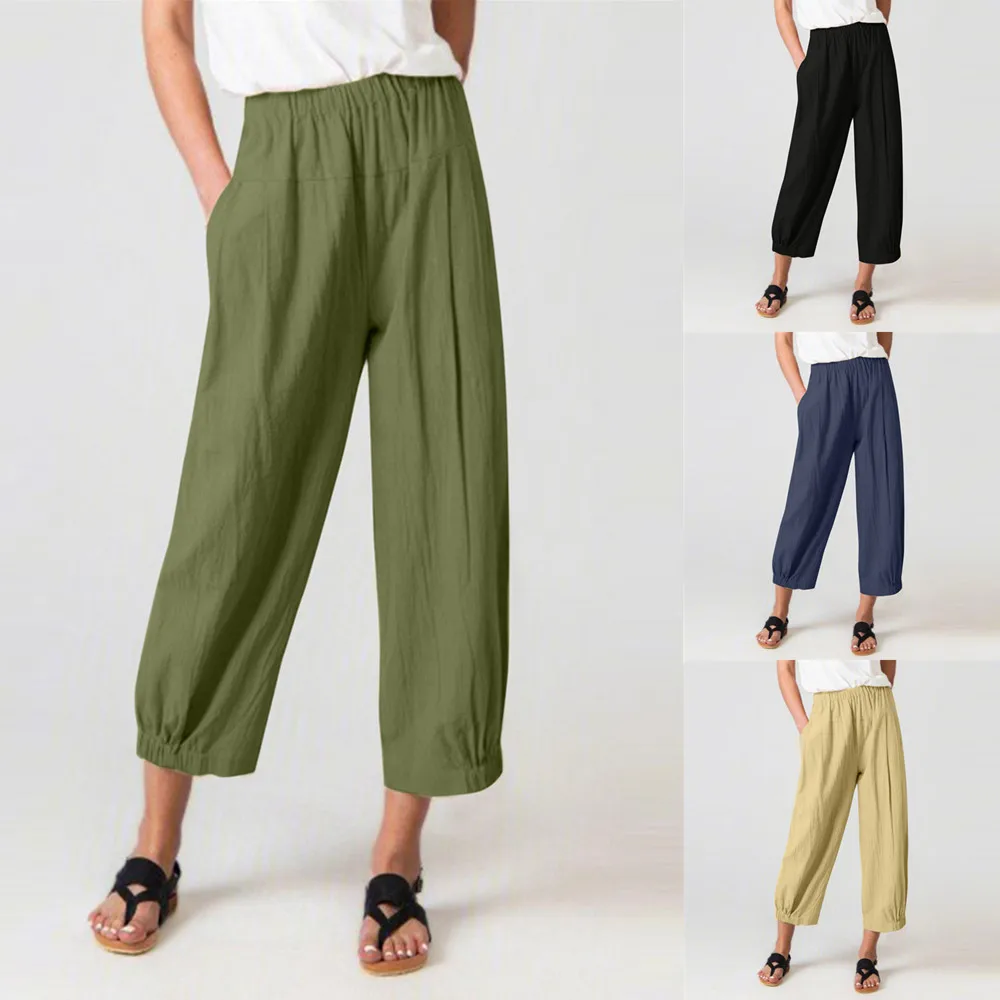 

The new summer 2023 loose type haroun pants of tall waist cotton and linen nine minutes of pants wide-legged female trousers