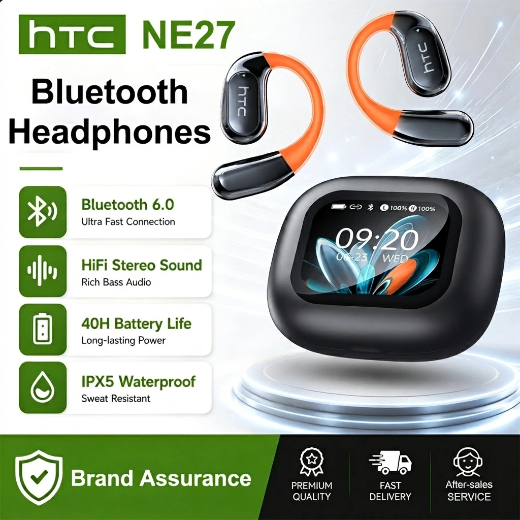 HTC NE27 2026 Kabellose Kopfhörer ENC AI-Übersetzer-Ohrhörer OWS Sport-Bluetooth-Ohrhörer Ohrbügel Touch-LCD-Display MP3