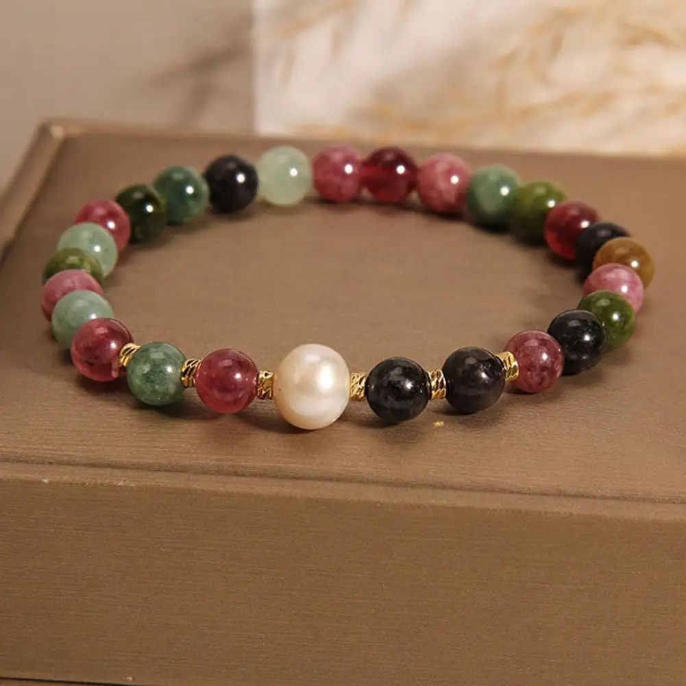 Good Luck Charm Bracelet Elegant Vintage Faux Pearl Tourmaline Women's Bracelet for Stress Relief Well-being Colorful Elastic