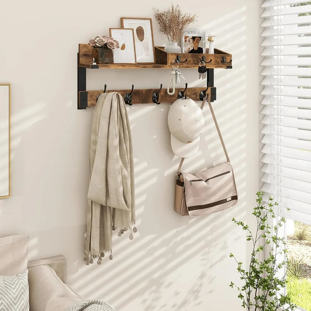رف معطف خشبي مثبت على الحائط مع رف وخطافات، منظم مدخل مقاس 26 بوصة مع مساحة تخزين للمفتاح والبريد