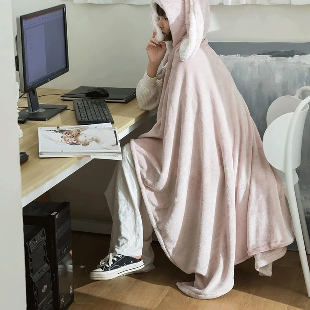 

Pink Cute Night-robe Cartoon Women's Nightgown Bath Robes Office Nap Blanket Cloak Cape Flannel Lazy Blanket For Watching TV