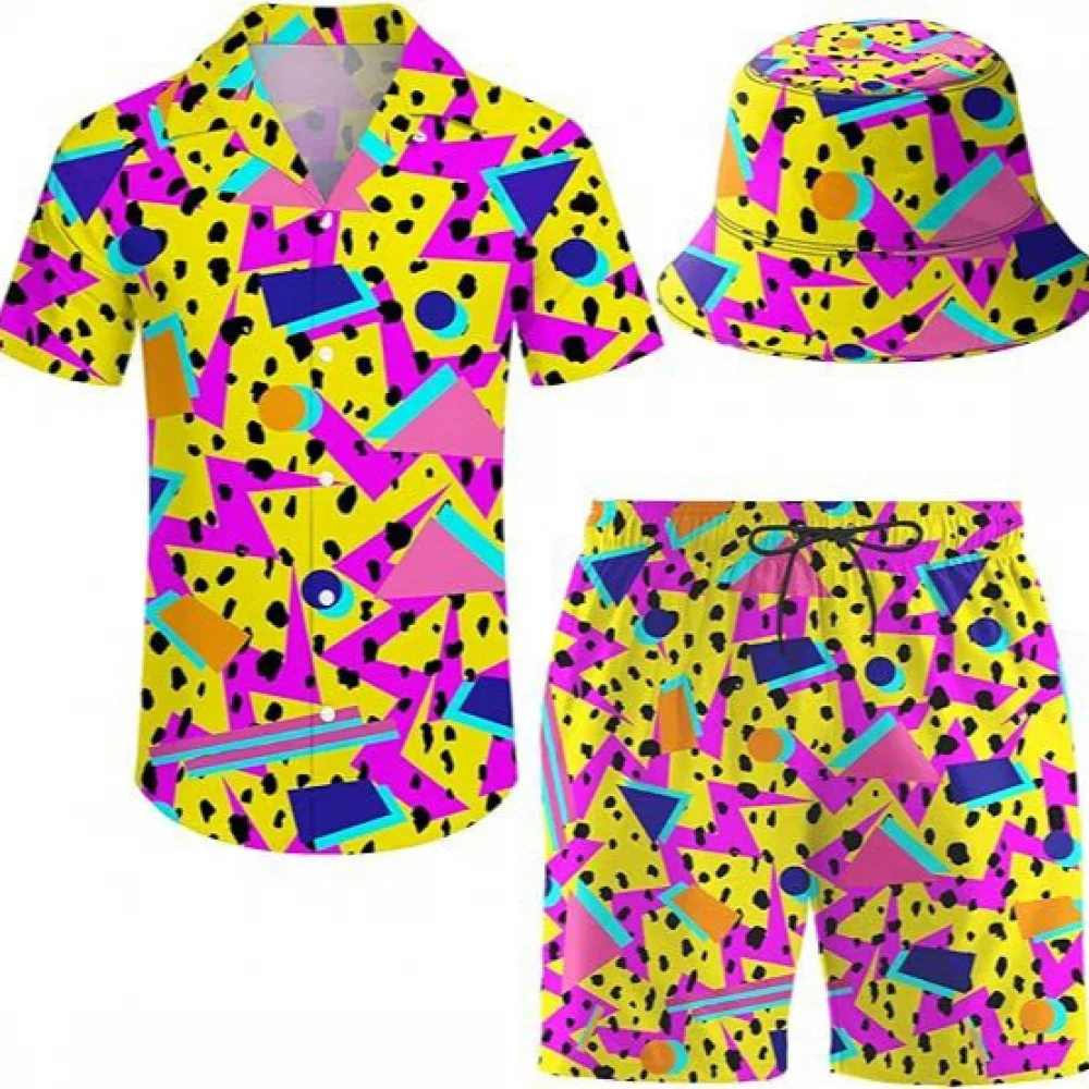 Men\'s 3 Pieces 80S 90S Outfit Retro Shirt Bucket Hat Shorts Full Set Hawaiian Beach Vacationing Tracksuits for Men Disco Party