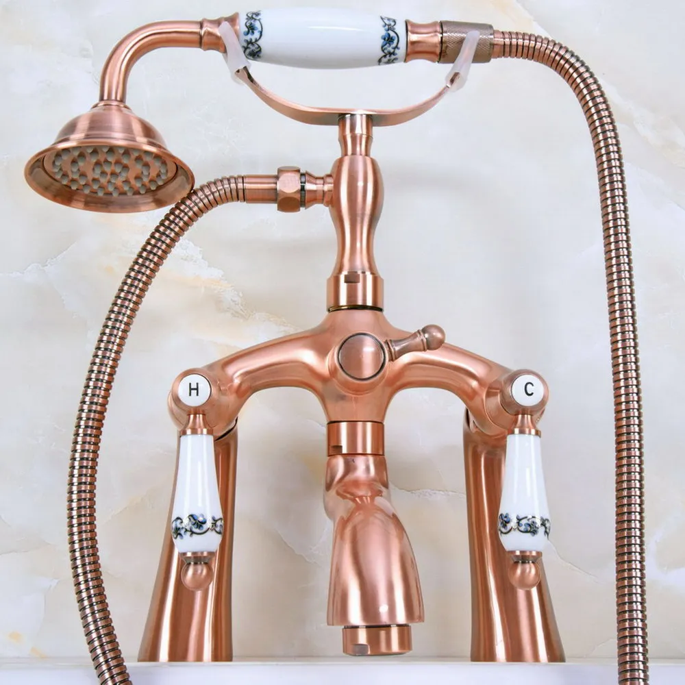 

Antique Red Copper Double Handle Deck Mounted Bathroom Bath Tub Faucet Set with 150CM Hand Held Shower Spray Mixer Tap 2na168