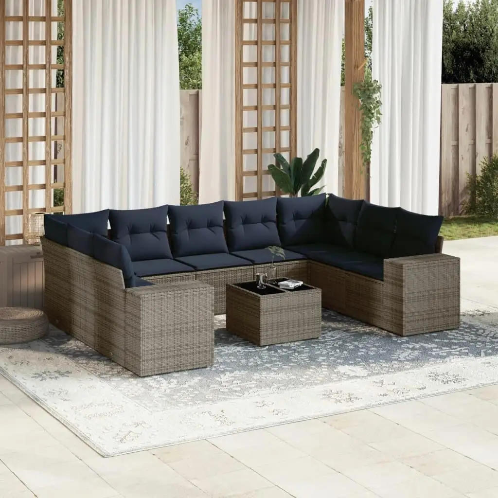 

10 Piece Outdoor Patio Sofa Set with Cushions Weather Resistant Gray Poly Rattan Furniture