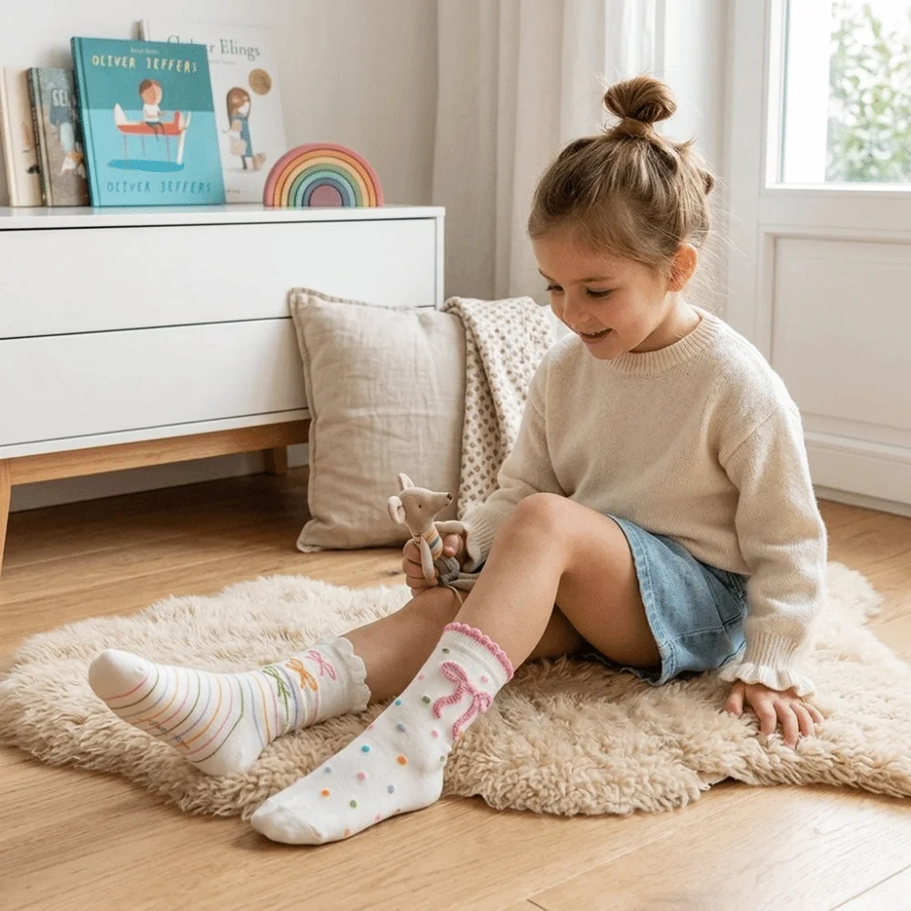5 Pair Set New Ruffle Bowknot Socks Cotton Soft Elastic Mid Tube Socks Breathable Print Pattern Girls Ankle Socks Daily Wear