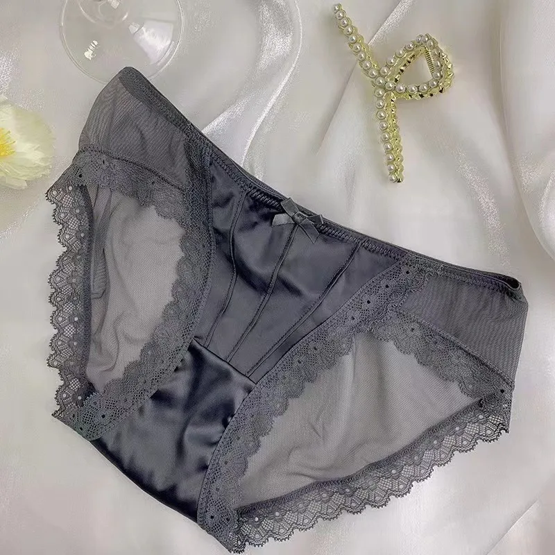 خمر سراويل الساتان بلون ملابس داخلية جيدة التهوية النساء الفرنسية مثير مقوس دانتيل الملابس الداخلية الإناث منتصف الخصر رقيقة شبكة ملخصات جديد