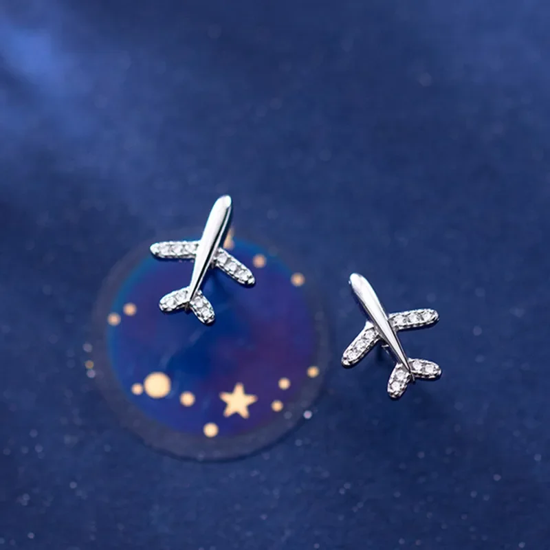 Zircon Airplane Shape Stud Earring for Women Girl Cute Earrings Fashion Elegant Korean Silver Color Jewelry