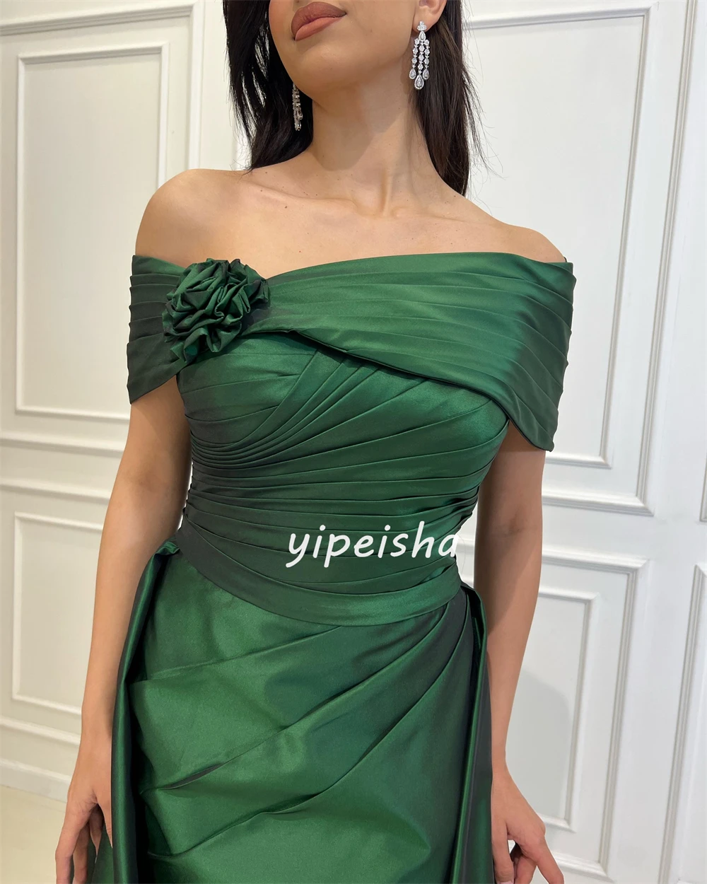 Customized Casual Satin Ruched A-line Off-the-shoulder Long Dresses Homecoming Dresses Simple Retro Fashion Elegant Exquisite Sp