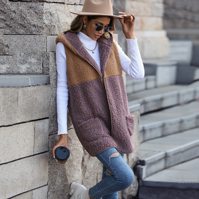 

Hooded Mid Faux Fur Vest Sleeveless Patchwork Purple Furry Jackets Fluffy Luxury Stylish Plush Coats Faux Lamb Casual Warm Thick