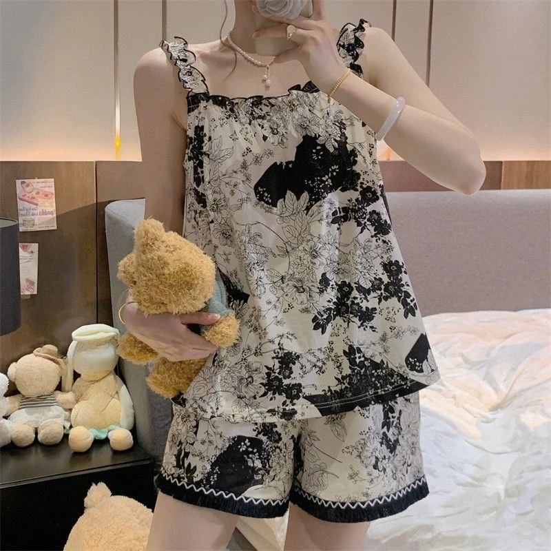 Summer Pajamas Female Suspenders Shorts Skin-friendly Cotton Sweet Online Celebrity Floral Thin Loungewear Set Soft Refreshing