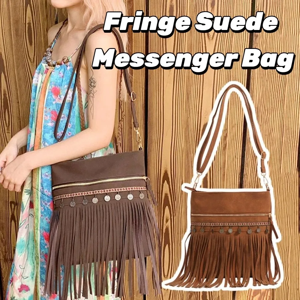 

Korean Style Fringe Suede Messenger Bag Solid Color Large Capacity Tassel Shoulder Bag Zipper PU Leather Crossbody Bag