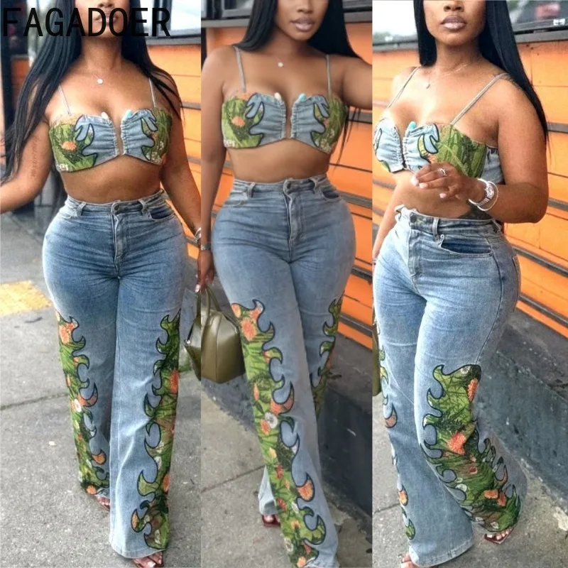

FAGADOER Sexy Floral Print Bodycon Woman 2 Piece Set Outfit Spaghetti Strap Backless Tank Top + Pants Matching Female Streetwear