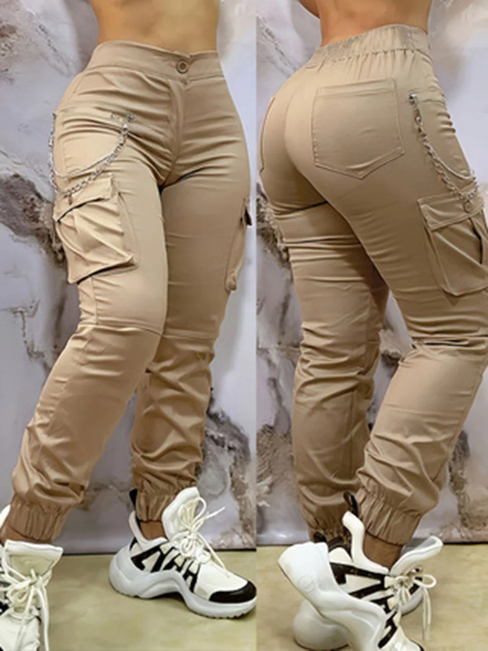 Women's Pants Autumn Winter Fashion Casual Work Pants Chain Decor Pocket Design Cuffed Cargo Pants