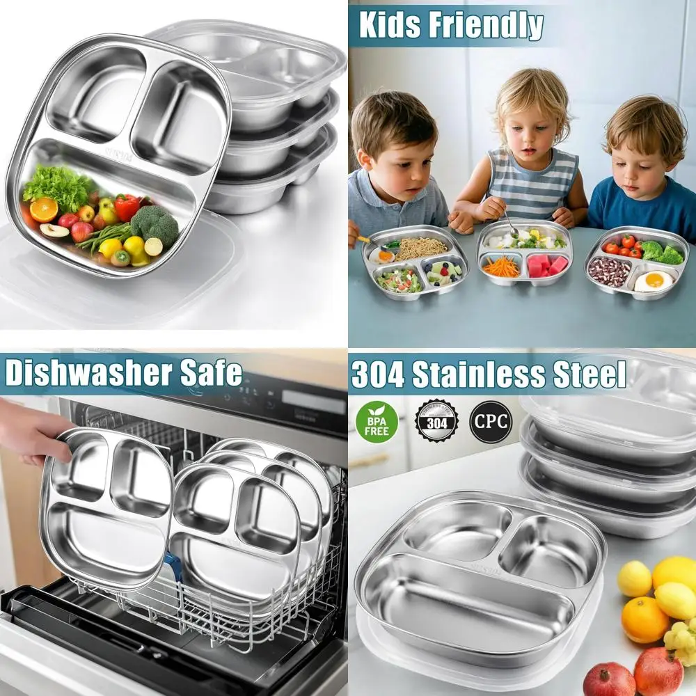 

stainless steel kids plates, balanced bites divided plates for toddlers, portion control plate, metal lunch tray dishes, non to