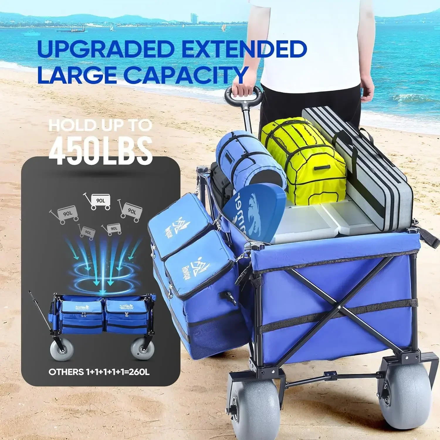 

Очень большая пляжная тележка объемом 260 л с 9-дюймовыми вездеходными колесами для воздушных шаров, пляжная тележка с большими колесами для песка, сверхмощная складная тележка