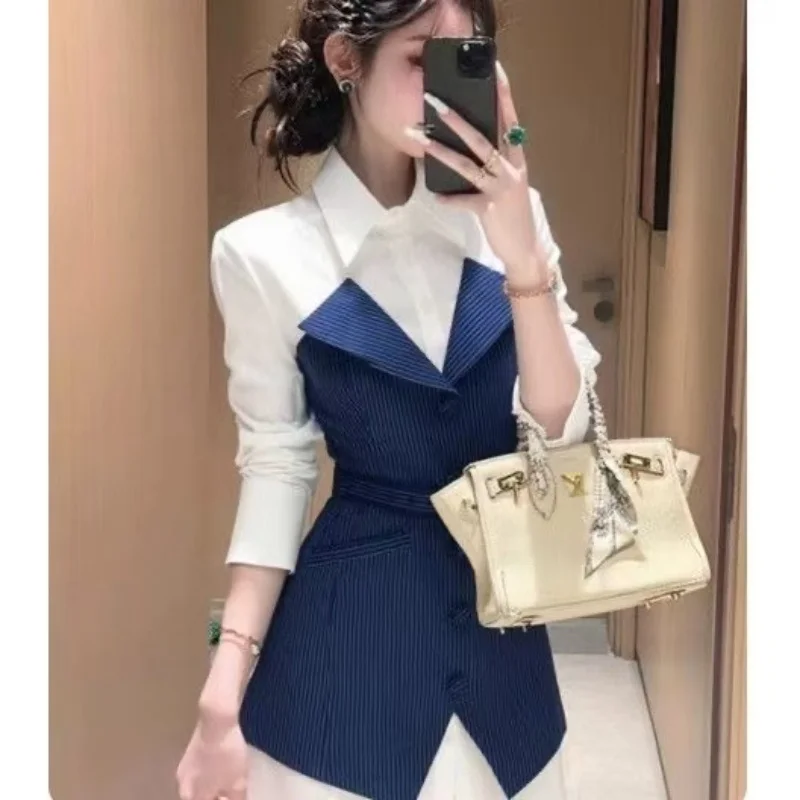 جديد مكان العمل فستان جميل المرأة الخريف بولو كم طويل سليم ألف خط فساتين صغيرة تصميم مخطط وهمية قطعتين فستان قميص #3