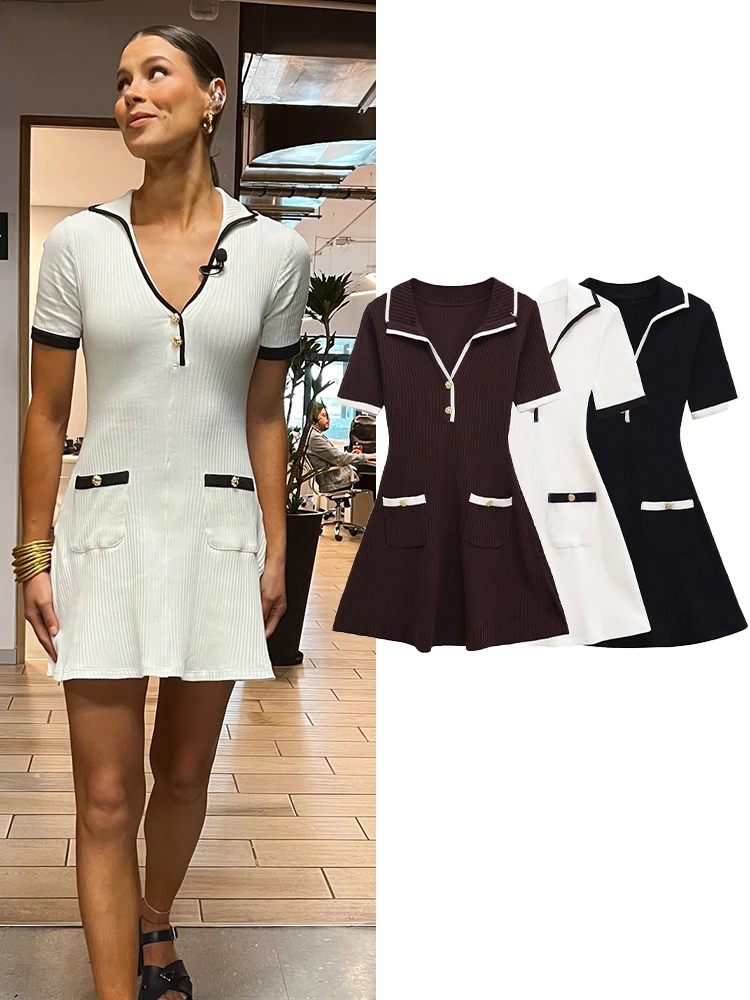 

HH 2025 Female Fashion Lapel Knitted Mini Dress Women Sexy Elegant Short Sleeves Buttons With Pockets Contrast Color Dress