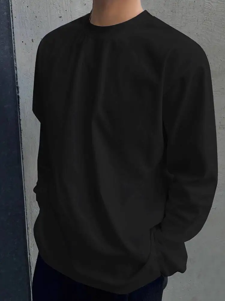 

New Simple Men's T-shirts Round Collar Solid Color 2025 Autumn Korean Style Pullover Tees Long Sleeved Loose Male Tops