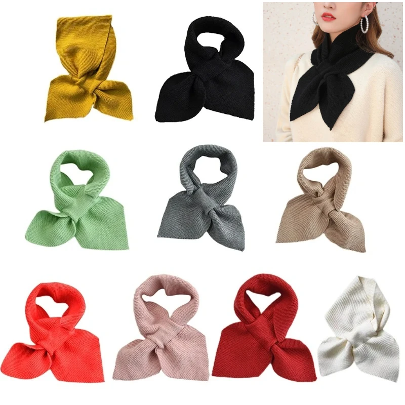 Lenço de malha para mulheres, lenço de crochê, aquecedor do pescoço do bowknot, engrossar, quente, cor sólida, brecha, doce, inverno