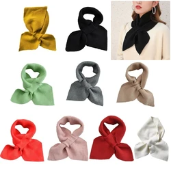 Women Knitted Cross Collar Scarf Winter Thicken Warm Solid Color Crochet Loophole Neckerchief Sweet Bowknot Neck Warmer