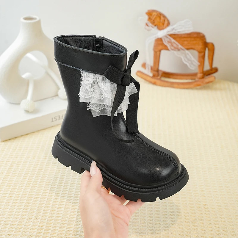 

Girls Padded Fashion Short Boots 3-18 Years Old Black Lace Bow Girls Leather Boots Fall and Winter Children's Cotton Boots Shoes