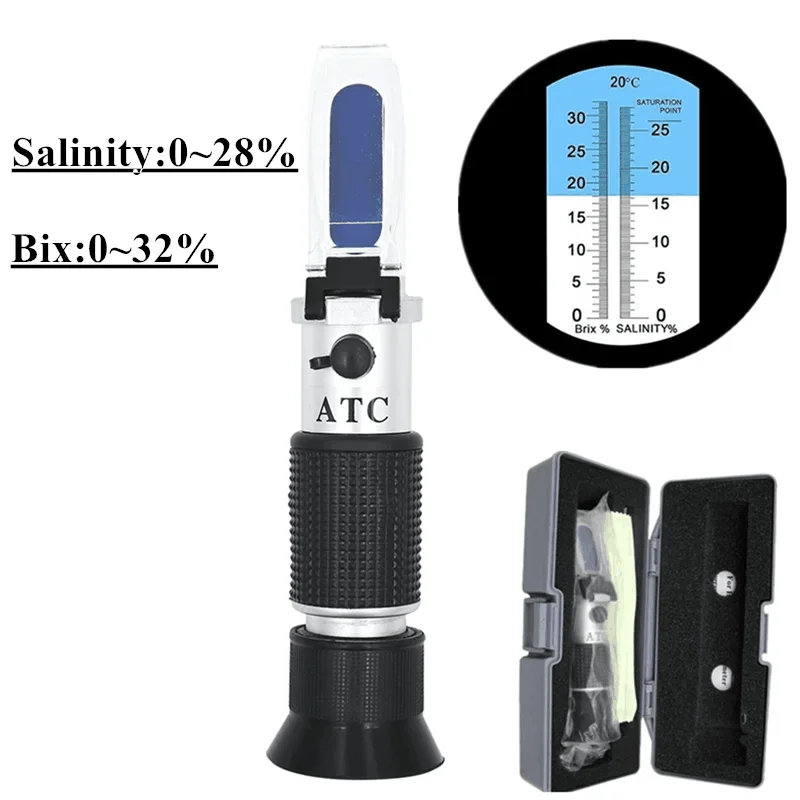 2 in 1 Handheld Brix Refractometer Tester Salinometer with ATC for Brine Fruit Beer Dual Scale Brix 0-32% Salt 0-28%